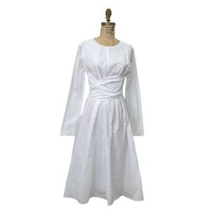 Merlette White A Line HUGE Sash Pearl Neck Minimal Dress Cotton sz Medium
